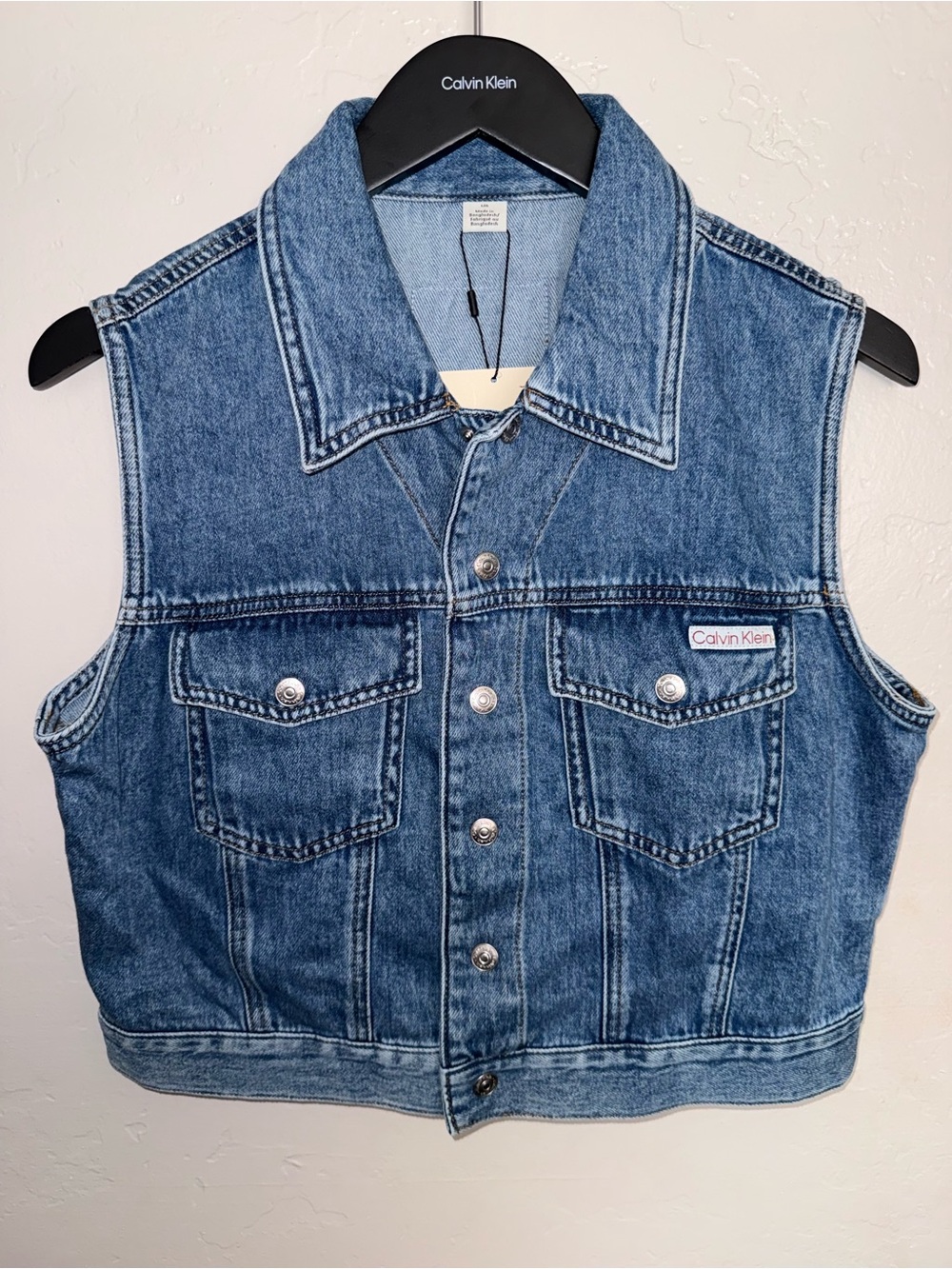 Calvin Klein Blue Lightweight Denim Snap Sleeveless Vest - Classic Jean Jacket